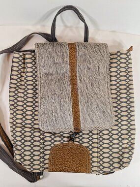 Myra Bag Grizzle Cowhide Upcycled Canvas Backpack Beige Brown Charcoal